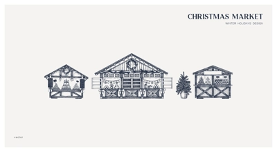 Christmas market card or invitation design. Hand drawn vector illustration. Holiday marketplace, wooden stall, mulled wine, candy shop sketch